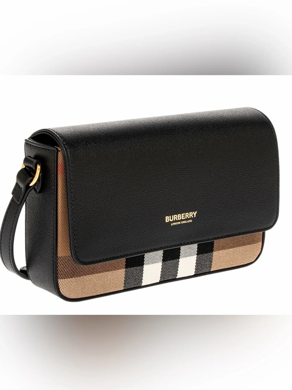 Burberry Black Leather Crossbody with Vintage Check Trim